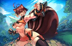  1girl animal_ears antenna_hair blazblue breasts brown_eyes brown_hair fingerless_gloves gloves junkpuyo looking_at_viewer makoto_nanaya medium_breasts navel short_hair smile solo squirrel_ears squirrel_tail tail thighs under_boob 