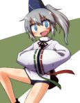  1girl :d blue_eyes constricted_pupils grey_hair hands_together hat head_tilt japanese_clothes kariginu konohana_saku looking_at_viewer mononobe_no_futo open_mouth ponytail ribbon_trim shorts simple_background smile solo striped striped_background tate_eboshi touhou two-tone_background wide_sleeves 