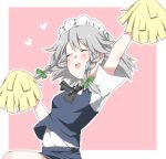  1girl :d ^_^ blush braid breasts cheering cheerleader closed_eyes collared_shirt dress_shirt heart highres izayoi_sakuya kz_oji maid maid_headdress open_mouth pom_poms shirt short_hair silver_hair skirt skirt_set small_breasts smile solo touhou twin_braids vest 