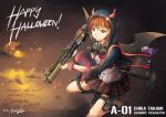  1girl bullpup gas_mask glock glock_18c gun halloween handgun highres hiroki_ree holster kel-tec_ksg love_live! pumpkin shotgun solo tagme takami_chika weapon 