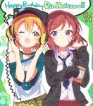  2girls :&lt; ;3 ;d blush cellphone character_name happy_birthday hat headphones hoshizora_rin jewelry looking_at_another love_live! love_live!_school_idol_festival love_live!_school_idol_project multiple_girls necklace necktie nishikino_maki off-shoulder_shirt one_eye_closed open_mouth orange_hair phone plaid plaid_skirt rassie_s red_skirt redhead shirt short_hair skirt smile speech_bubble violet_eyes yellow_eyes yellow_skirt 