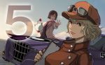  2girls absurdres blonde_hair brown_hair car cidney_aurum countdown final_fantasy final_fantasy_xv green_eyes ground_vehicle highres iris_amicitia moogle motor_vehicle multiple_girls nakaaki_yusaku numbered official_art 