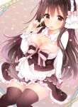  1girl apron black_legwear breasts brown_eyes brown_hair cleavage cream cream_on_face dress food food_on_body food_on_face long_hair maid mintsu_(ichi--kun) original solo thigh-highs tongue tongue_out 