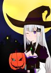  absurdres elf emilia_(re:zero) gloves halloween halloween_costume hat highres moon night pointy_ears pumpkin re:zero_kara_hajimeru_isekai_seikatsu silver_hair town trick_or_treat violet_eyes witch witch_hat 