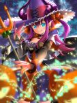 1girl alternate_costume blue_eyes elizabeth_bathory_(fate/grand_order) fate/extra fate/extra_ccc fate/grand_order fate_(series) hair_ribbon halloween halloween_costume hat highres lancer_(fate/extra_ccc) long_hair looking_at_viewer pink_hair pointy_ears ribbon smile solo suishougensou tail weapon witch_hat
