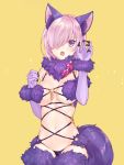  1girl :o animal_ears bare_shoulders black_panties blush bow breasts claw_pose cleavage cowboy_shot detached_collar diamond_(shape) elbow_gloves fate/grand_order fate_(series) fur fur_trim gloves hair_over_one_eye halloween_costume highres irimo-m lace lace-trimmed_thighhighs light_particles looking_at_viewer medium_breasts navel o-ring_bikini one_eye_covered panties pink_bow purple_hair revealing_clothes shielder_(fate/grand_order) short_hair simple_background skindentation solo strap_gap tail thigh-highs under_boob underwear violet_eyes wolf_ears wolf_tail yellow_background 