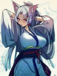  1girl animal_ears arms_behind_head at2. blush breasts highres japanese_clothes kimono long_hair parted_lips ponytail solo teeth violet_eyes white_hair 