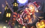  1girl alternate_costume bakanoe bat blonde_hair bow braid breasts cleavage dress elbow_gloves flying gloves halloween halloween_costume hat highres kirisame_marisa medium_breasts moon night night_sky pumpkin red_bow sky touhou witch witch_hat yellow_eyes 