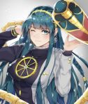  1girl artist_request blurry bracelet breasts cleopatra_(fate/grand_order) earrings fate/grand_order fate_(series) green_eyes green_hair grey_background hairband jewelry large_breasts long_hair necklace one_eye_closed simple_background smile snake solo 