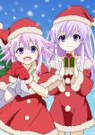  2girls christmas hat multiple_girls nepgear neptune_(choujigen_game_neptune) neptune_(series) purple_hair santa_costume santa_hat smile snow violet_eyes 