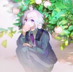  1boy animal animal_on_head animal_on_shoulder artist_name bird bird_on_head bird_on_shoulder eating food fruit honebami_toushirou leaf male_focus namie-kun peach squatting touken_ranbu violet_eyes white_hair 