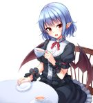  1girl :d bad_id bangs bat_wings black_blouse black_skirt blue_hair blush breasts buttons chair cup error eyelashes fang frilled_skirt frills holding holding_cup junior27016 looking_at_viewer no_hat no_headwear open_mouth plate pointy_ears puffy_short_sleeves puffy_sleeves red_eyes red_ribbon remilia_scarlet ribbon saucer short_hair short_sleeves simple_background sitting skirt skirt_set small_breasts smile solo table tea teacup touhou white_background wings wrist_cuffs 