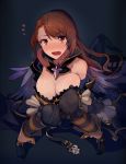  1girl beatrix_(granblue_fantasy) blush breast_grab breasts brown_eyes brown_hair cleavage commentary_request dark_background dress flying_sweatdrops gloves grabbing granblue_fantasy groping highres large_breasts long_hair long_sleeves solo strapless strapless_dress tears walzrj 
