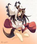  1girl absurdres animal_ears aranagi_(arng_4401) barefoot black_panties blush breasts brooch brown_hair dress fang groin highres imaizumi_kagerou jewelry jumping long_hair long_sleeves open_mouth panties red_eyes solo tail touhou underwear wolf_ears wolf_tail 