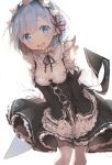  1girl black_ribbon blue_eyes blue_hair blush breasts cleavage full_body hair_ornament hands_on_lap highres leaning_forward looking_at_viewer maid maid_headdress medium_breasts niito open_mouth pink_ribbon re:zero_kara_hajimeru_isekai_seikatsu rem_(re:zero) ribbon sketch smile solo standing white_background white_legwear x_hair_ornament 