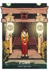  1girl 2016 blue_eyes bowing brown_hair commentary_request fur_trim hair_ornament hands_together highres inukoko japanese_clothes lantern looking_at_viewer nengajou new_year obi one_eye_closed original paper_lantern sash shrine smile stairs tabi topknot torii zouri 