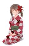  1girl absurdres amagi_(kantai_collection) breasts brown_eyes brown_hair checkered_kimono cloud_print flower folded_ponytail full_body furisode hair_between_eyes hair_flower hair_ornament hands_on_lap highres japanese_clothes kamome_donburi kantai_collection kimono large_breasts leaf_print light_smile long_hair looking_at_viewer obi ponytail sash solo 