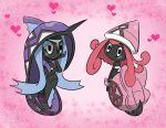  blue_eyes blue_hair full_body gradient gradient_background heart looking_at_viewer looking_back multicolored_eyes multiple_girls no_humans pink_hair pokemon pokemon_(creature) pokemon_(game) pokemon_sm tapu_fini tapu_lele 森葉樹 