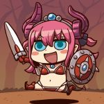  1girl :d armor bikini_armor black_legwear blue_eyes blush_stickers chibi dragon_horns dragon_tail elizabeth_bathory_(brave)_(fate) fate/extra fate/extra_ccc fate/grand_order fate_(series) holding holding_shield holding_sword holding_weapon horns lancer_(fate/extra_ccc) long_hair navel open_mouth pink_hair pointy_ears riyo_(lyomsnpmp) single_thighhigh smile solo sword tail thigh-highs tiara weapon 