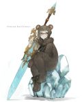  1girl animal_costume bangs bear_costume blunt_bangs brown-framed_eyewear copyright_name crystal double_bun fantasy_earth_zero full_body fur_collar gu_(goodnight) huge_weapon simple_background sitting smile solo sword weapon white_background 