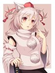  1girl animal_ears armpit_peek blush commentary_request detached_sleeves hat inubashiri_momiji long_sleeves looking_at_viewer nekomiyanono parted_lips pom_pom_(clothes) red_eyes short_hair silver_hair solo tokin_hat touhou upper_body wide_sleeves wolf_ears 