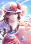  :&gt; artist_name bare_shoulders blue_(pokemon) blue_eyes blue_sky bow breasts brown_eyes brown_hair character_name clothes_writing copyright_name day drink drinking_cup drinking_straw hair_flaps hand_on_headwear hat hat_bow hat_ribbon heart heart-shaped_pupils holding ice ice_cube jigglypuff light_particles lips long_hair looking_at_viewer midriff off-shoulder_sweater off_shoulder parted_lips pokemon pokemon_(creature) pokemon_(game) pokemon_sm red_bow red_ribbon red_skirt ribbon shade shuryukan skirt sky small_breasts sun_hat sweater symbol-shaped_pupils upper_body what_if white_hat 