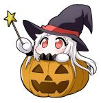  1girl commentary covered_mouth halloween holding horns in_container jack-o&#039;-lantern kantai_collection long_hair looking_at_viewer mittens northern_ocean_hime pale_skin red_eyes shinkaisei-kan simple_background solo wand white_background white_hair yamato_nadeshiko 