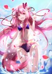  1girl absurdres animal_ears bikini bokujuu bow fang hair_bow highres long_hair million_arthur_(series) open_mouth petals pink_bow pink_eyes pink_hair solo swimsuit tail water 