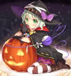  1girl alternate_costume bandages bangs belt belt_boots black_gloves blush boots bow brown_boots candy candy_wrapper cape eating gloves green_eyes green_hair halloween halloween_costume hat hat_belt hat_bow heart izuru jack-o&#039;-lantern komeiji_koishi looking_at_viewer pink_bow purple_skirt short_hair skirt sky solo star_(sky) starry_sky striped striped_bow striped_legwear thigh-highs third_eye touhou witch_hat 