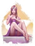  1girl adjusting_hair barefoot brown_hair dress feet hair_down highres knees_up krystopher_decker looking_at_viewer off_shoulder panties pantyshot pantyshot_(sitting) parted_lips pink_dress pointy_ears princess_zelda realistic short_dress sitting solo the_legend_of_zelda the_legend_of_zelda:_twilight_princess tiara toenail_polish toes underwear 