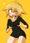  1girl :d ahoge ass_visible_through_thighs bangs blonde_hair blush breast_squeeze breasts collarbone heart konohana_saku looking_to_the_side one_eye_closed open_mouth original panties shirt short_sleeves simple_background smile solo underwear yellow_background yellow_panties 