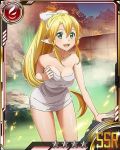 1girl bare_shoulders blonde_hair breasts card_(medium) cleavage collarbone green_eyes high_ponytail leafa long_hair looking_at_viewer medium_breasts naked_towel open_mouth pointy_ears ponytail solo star sword_art_online towel 