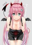  1girl ahoge aqua_eyes blush breasts cleavage covered_nipples demon_horns demon_tail demon_wings fake_horns fake_wings hair_ornament halloween_costume horns lala_satalin_deviluke large_breasts leaning_forward long_hair murio naked_overalls overalls peke pink_hair red_ribbon ribbon smile solo tail to_love-ru wings 