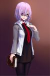  1girl book fate/grand_order fate_(series) glasses gradient gradient_background hand_on_own_chest hfp~kubiao highres lavender_eyes lavender_hair necktie pantyhose shielder_(fate/grand_order) short_hair solo 