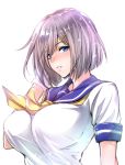  1girl blue_eyes breasts eyes_visible_through_hair hair_ornament hair_over_one_eye hairclip hamakaze_(kantai_collection) kantai_collection large_breasts looking_at_viewer school_uniform serafuku silver_hair solo source_request zucchini 