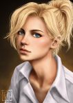  1girl blonde_hair blue_eyes brown_background casual collarbone collared_shirt ears highres lips mercy_(overwatch) nose overwatch photorealistic ponytail portrait realistic shirt solo trixia watermark white_shirt 