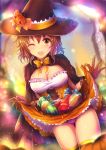  1girl breasts brown_eyes brown_hair candy cleavage halloween hat idolmaster idolmaster_cinderella_girls kara_(color) namiki_meiko open_mouth short_hair skirt skirt_lift smile solo wavy_hair witch_hat 