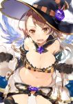  1girl bangs bare_shoulders beatrix_(granblue_fantasy) belt black_gloves breasts brown_eyes brown_hair cleavage cowboy_shot feathered_wings gloves granblue_fantasy halloween hat hat_ornament ikeya large_breasts long_hair looking_at_viewer navel open_mouth simple_background solo standing white_background white_wings wings witch_hat 