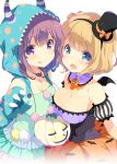  2girls :p bat_print bat_wings blonde_hair blue_eyes blush bow breast_press breasts claws detached_collar detached_sleeves gi(a)rlish_number hairband halloween halloween_costume hat hat_bow hood horned_headwear horns jack-o&#039;-lantern jewelry karasuma_chitose_(gi(a)rlish_number) kugayama_yae medium_breasts mini_wings multiple_girls necklace official_art open_mouth pom_pom_(clothes) puffy_detached_sleeves puffy_sleeves red_eyes redhead short_hair striped_sleeves tongue tongue_out wings 