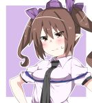  1girl 3:&lt; blush bow breast_lift breasts brown_eyes brown_hair collared_shirt frown hair_bow hair_ribbon hat highres himekaidou_hatate kz_oji long_hair necktie pointy_ears rei_no_himo ribbon shirt small_breasts solo tokin_hat touhou twintails upper_body wavy_mouth 
