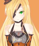  1girl bare_shoulders blonde_hair breasts closed_mouth collarbone eyepatch green_eyes hair_over_one_eye halloween halloween_costume hat highres looking_at_viewer medium_breasts mini_hat mini_top_hat orange_background othinus portrait sidelocks simple_background smile solo to_aru_majutsu_no_index to_aru_majutsu_no_index:_new_testament top_hat zang 