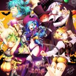  2016 3boys 3girls absurdres adol_christin animal_ears argyle arms_up beard black_hat black_legwear blonde_hair blue_eyes blue_hair cape cat_ears cat_tail clown_nose crop_top dana_(ys) dated facial_hair green_hair grin halloween halloween_costume happy_halloween hat headband highres hummel_(ys) lantern laxia_(ys) long_hair low-tied_long_hair multiple_boys multiple_girls navel one_eye_closed panties paw_pose ponytail purple_legwear purple_panties redhead ricotta_(ys) sahad_(ys) scar shoes short_hair short_shorts shorts signature smile staff tail thigh-highs tinybiard top_hat twintails twitter_username underwear white_hair witch_hat yellow_eyes ys ys_viii_lacrimosa_of_dana 