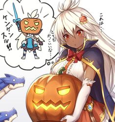  1girl ahoge blue_skirt blush breasts chibi dark_skin granblue_fantasy halloween long_hair pumpkin red_eyes skirt tgh326 the_order_grande white_hair 