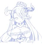  1girl 2016 bare_shoulders blue breasts cleavage dated doraf dress eyes_visible_through_hair flower fur_trim granblue_fantasy hair_between_eyes hair_flower hair_ornament halterneck hat horns izmir large_breasts long_hair looking_at_viewer memento_vivi open_mouth simple_background sketch solo twitter_username white_background 