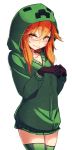 1girl at2. black_gloves blush creeparka creeper cupa_(at2.) gloves green_legwear highres hood hooded_jacket jacket looking_at_viewer minecraft orange_eyes orange_hair personification simple_background smile solo thigh-highs white_background 