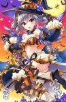  1girl :d bare_shoulders bat beatrix_(granblue_fantasy) beatrix_(granblue_fantasy)_(cosplay) black_gloves blush boots breasts cleavage cosplay detached_collar drill_hair full_moon gloves granblue_fantasy grey_hair halloween hat high_heel_boots high_heels idolmaster idolmaster_cinderella_girls kanzaki_ranko long_hair looking_at_viewer moon navel open_mouth red_eyes smile solo star striped striped_legwear sword thigh-highs twin_drills twintails urabi_(tomatohouse) weapon witch_hat 