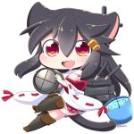  1girl :d animal_ears black_hair boots bucket bucket_of_water cannon cat_ears cat_tail chibi commentary_request fang flashlight hair_ornament hairclip haruna_(kantai_collection) kantai_collection knee_boots long_hair nontraditional_miko open_mouth red_eyes ribbon smile solo tail tsukko_(3ki2ne10) turret twitter_username white_background 