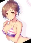  1girl bikini_top blush braid breasts brown_eyes brown_hair cleavage crossed_arms eyebrows eyebrows_visible_through_hair hyoudou_rena idolmaster idolmaster_cinderella_girls kara_(color) short_hair smile solo striped_bikini_top 