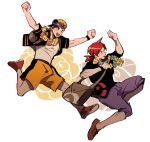  2boys alternate_hairstyle arms_up backwards_hat bag baseball_cap black_hair brown_eyes capri_pants flower glasses_enthusiast gold_(pokemon) hat jumping lei male_focus messenger_bag multiple_boys older pants poke_ball_theme pokemon pokemon_(game) pokemon_sm ponytail redhead shoes shorts shoulder_bag silver_(pokemon) simple_background smile sneakers what_if white_background 