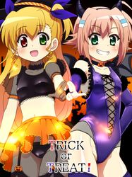 2girls awa black_panties blonde_hair blush choker covered_nipples crop_top elbow_gloves garter_straps gloves green_eyes grin hair_ribbon halloween heterochromia horns leotard long_hair lyrical_nanoha mahou_shoujo_lyrical_nanoha_vivid midriff miura_rinaldi multiple_girls navel nipples open_mouth panties pantyhose pink_hair pumpkin red_eyes ribbon short_hair skirt smile standing teeth thigh-highs underwear vivio